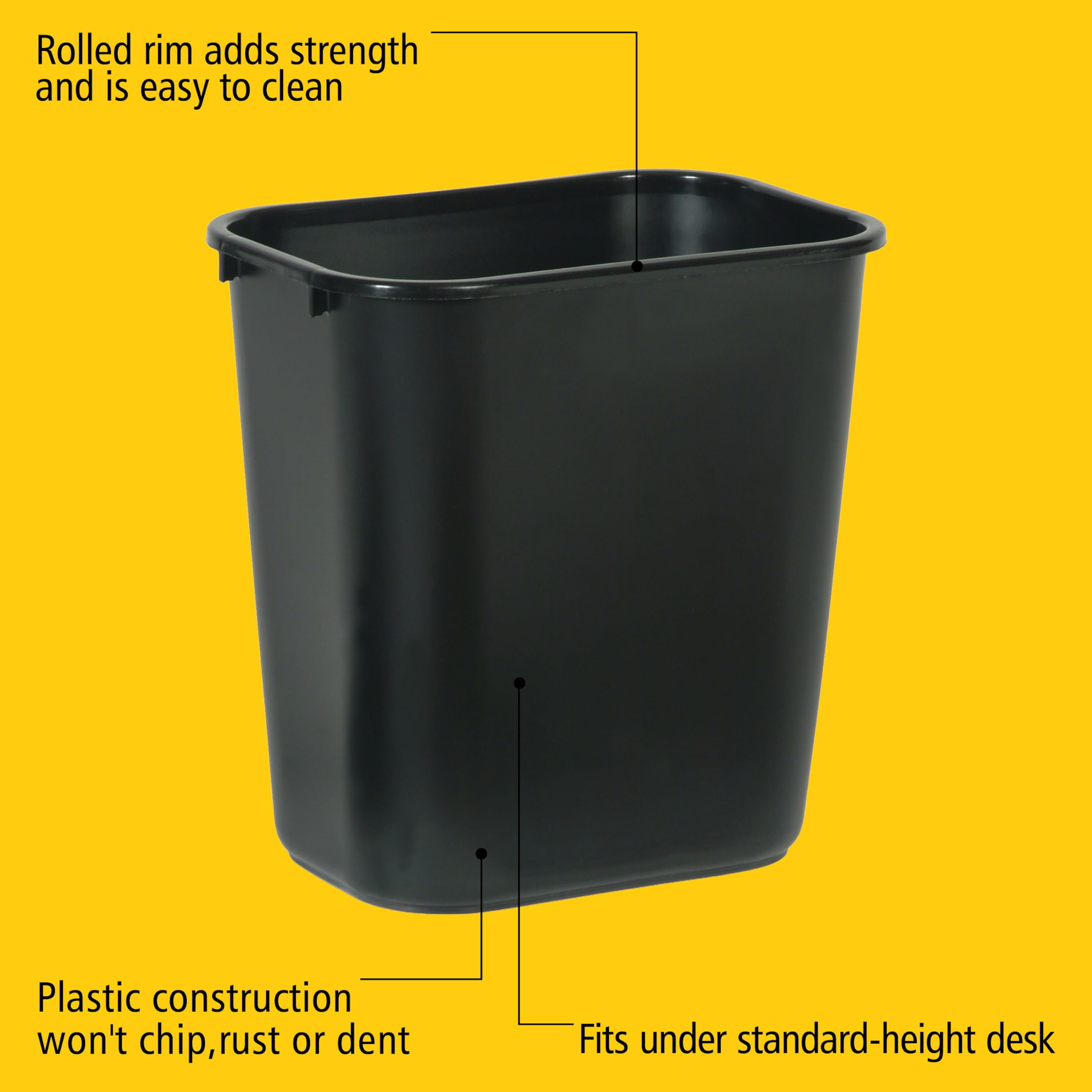 Rubbermaid 7-gallon black wastebasket in a modern office setup.