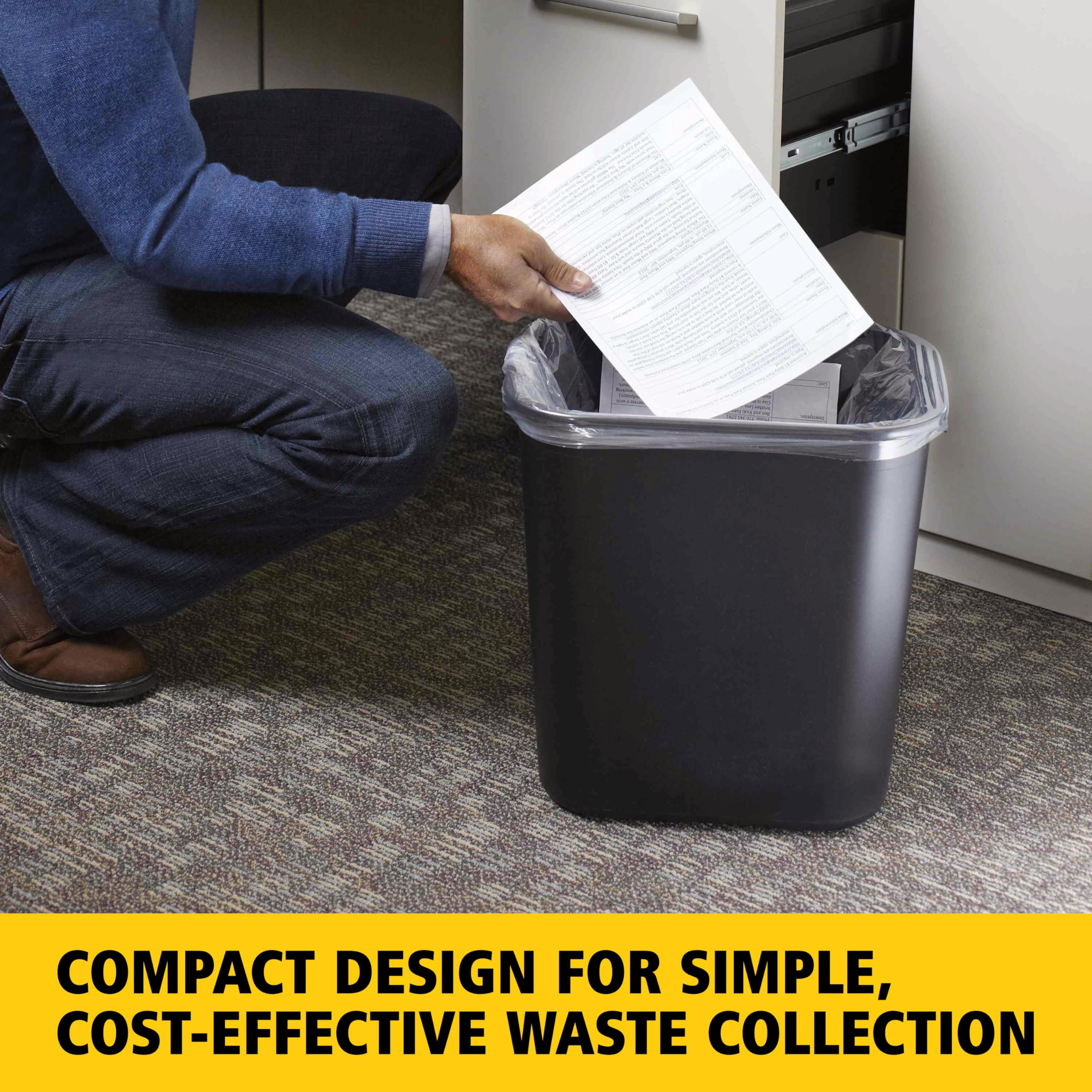 Rubbermaid wastebasket with rolled rim in black, easy to clean.