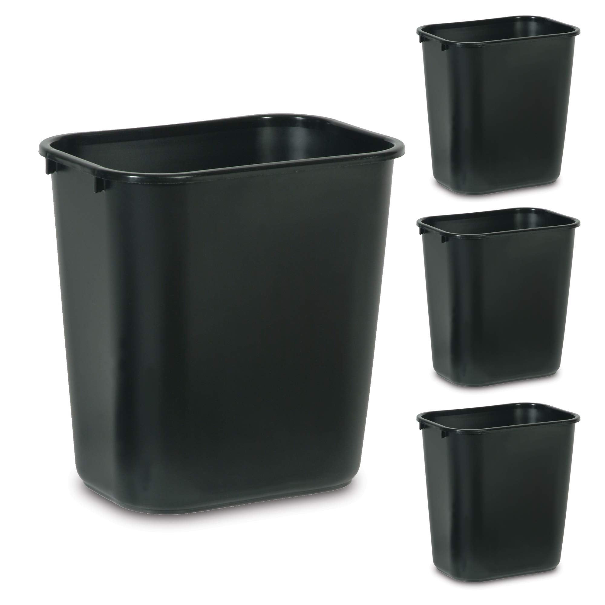 Rubbermaid 7-gallon black wastebasket under a desk for space-efficient storage.