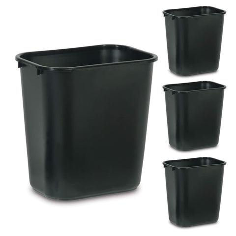 Rubbermaid 7-gallon black wastebasket under a desk for space-efficient storage.