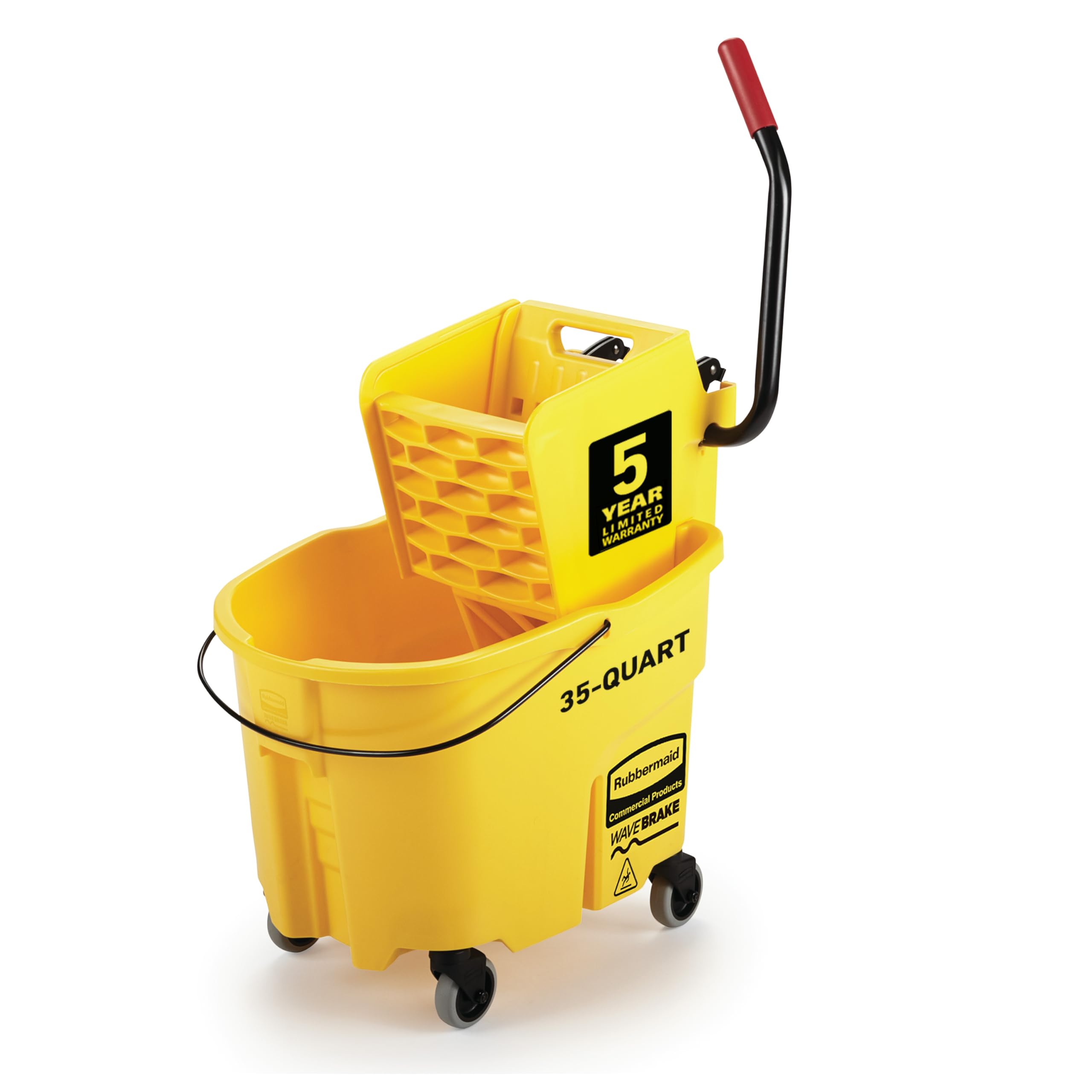 Rubbermaid WaveBrake 35 qt mop bucket on wheels enables easy transport and safer cleaning.