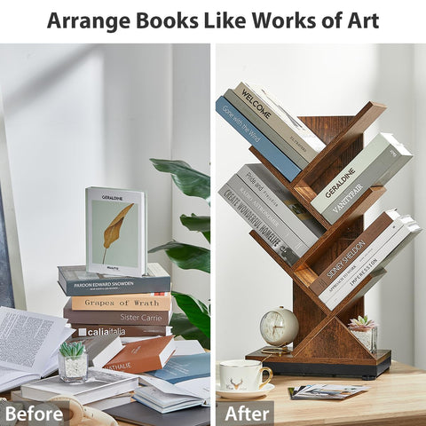 Ruboka Tree Bookshelf assembled display with books and CDs ready for use.