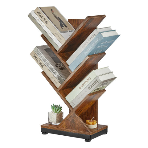 Ruboka Tree Bookshelf front view in brown, ideal for compact book and decor storage.