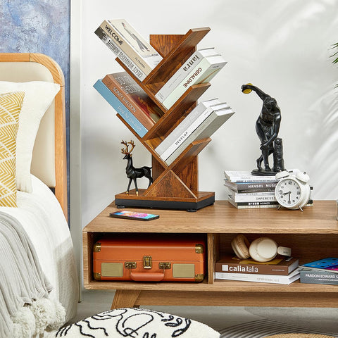 Ruboka Tree Bookshelf side view in brown, showcasing slim footprint for small spaces.