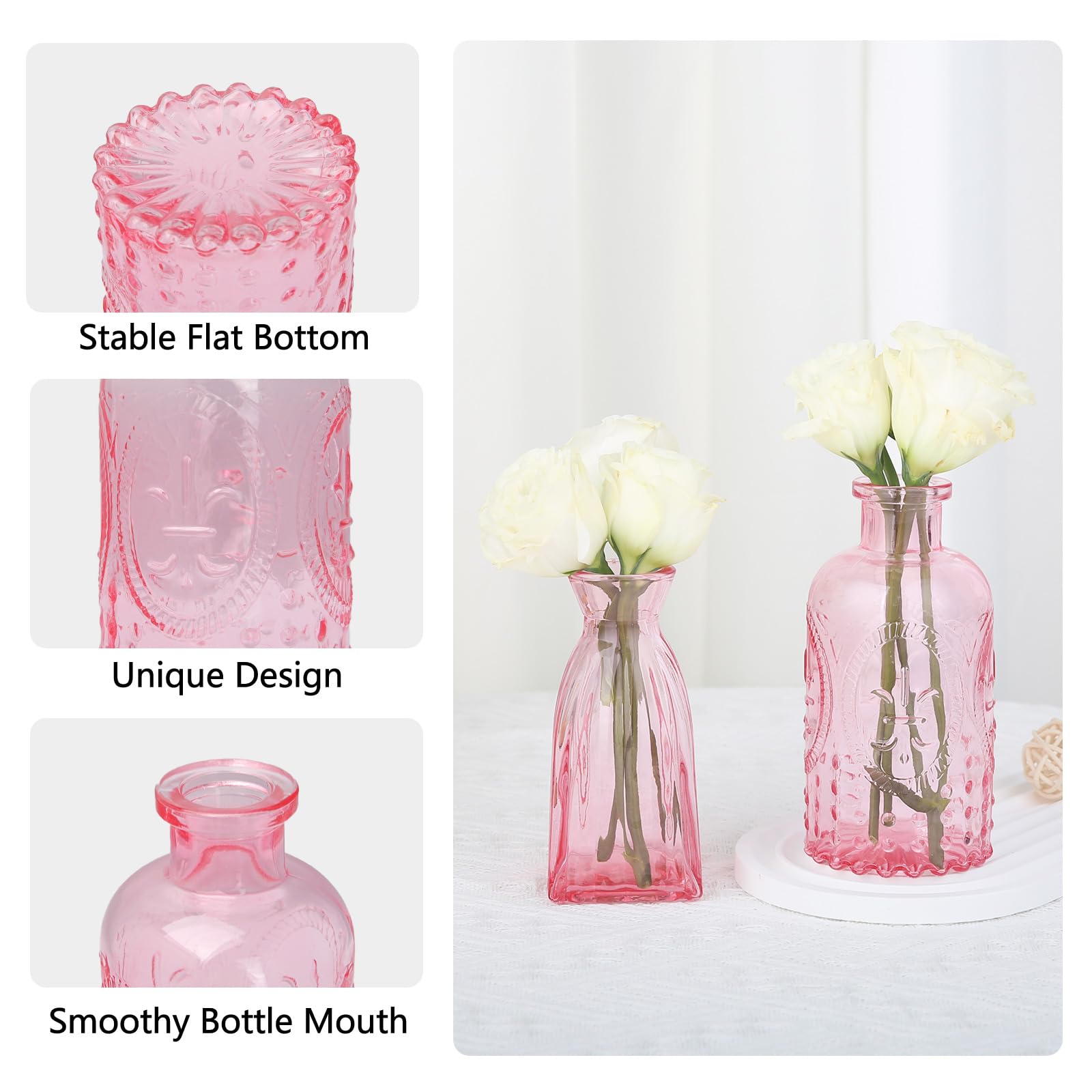 Ruckae pink mini vase etched detail enhances bouquet and shelf styling.