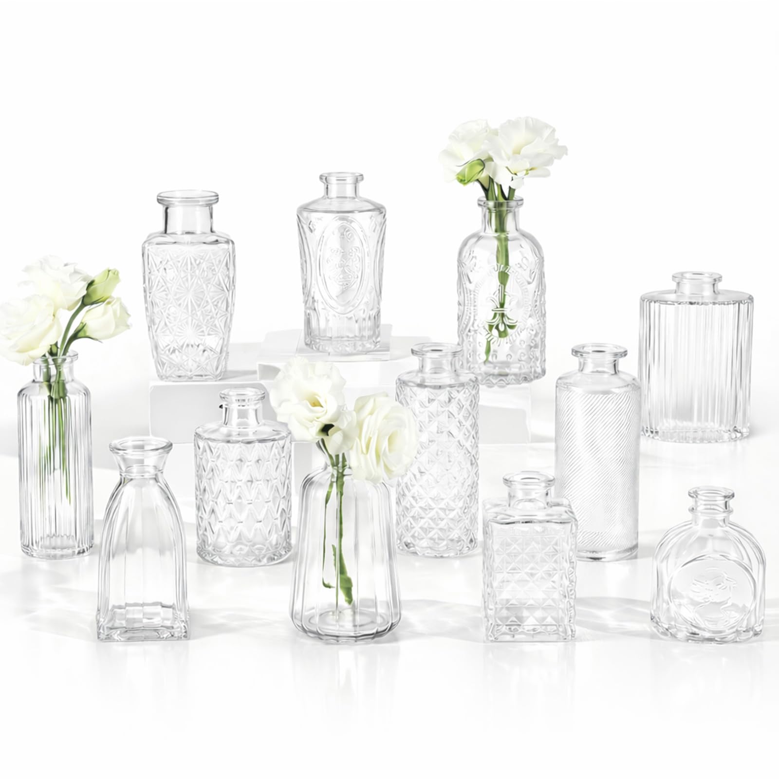 Ruckae small clear bud vase with etched details, ideal for wedding centerpieces.