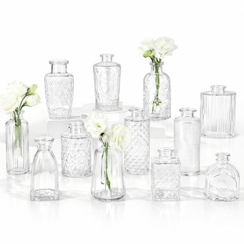 Ruckae small clear bud vase with etched details, ideal for wedding centerpieces.