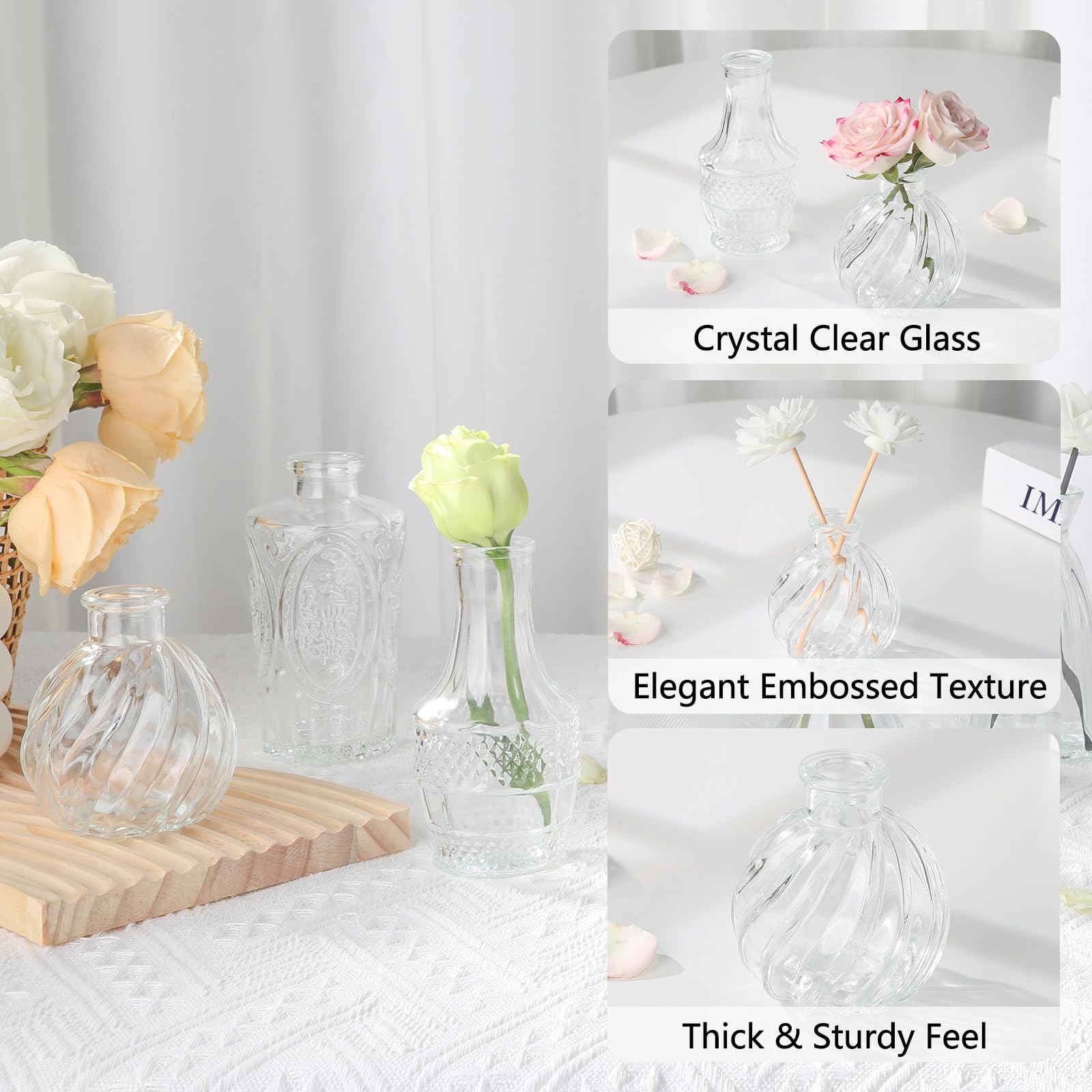 Ruckae small clear bud vase versatile for fresh or dried blooms.