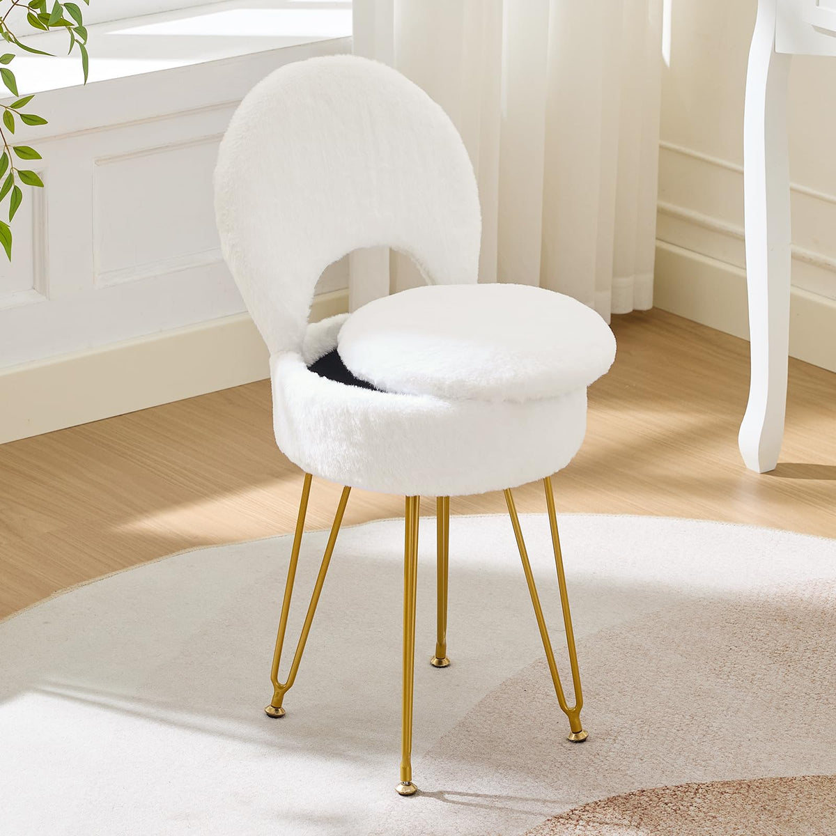 RUCUKEN faux fur white vanity chair full view showing compact design and cozy feel