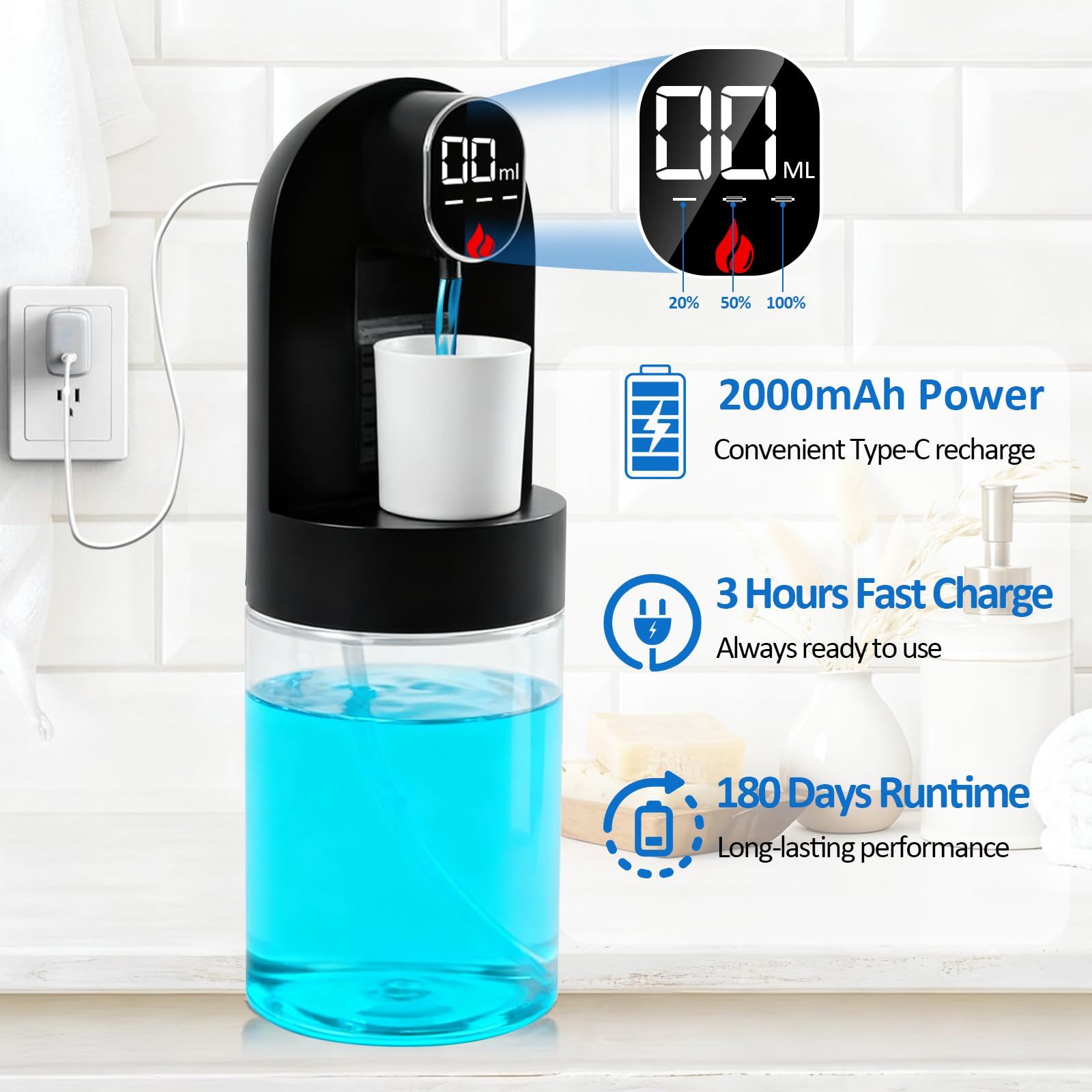 Rudnia mouthwash dispenser 600ml tank visible with liquid level.