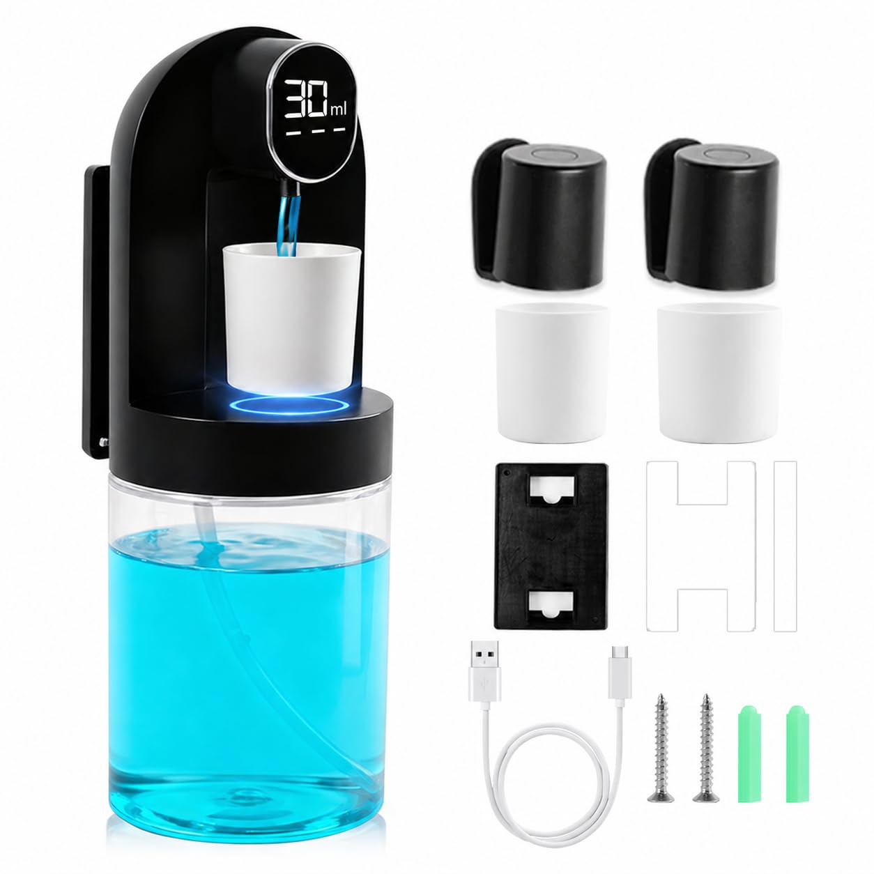 Rudnia mouthwash dispenser front view, sleek black design and touchless operation.