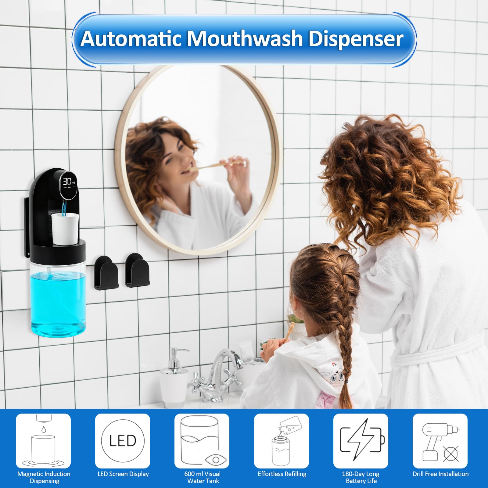 Rudnia mouthwash dispenser mounted on wall option for saving counter space.