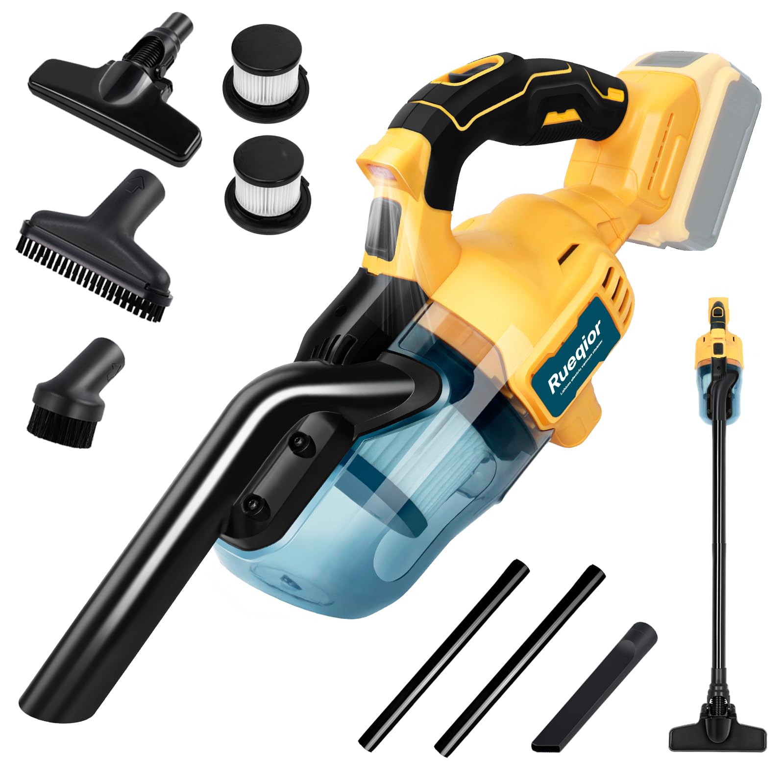 Rueqior cordless vacuum with DeWalt 20V compatibility for flexible cleaning.