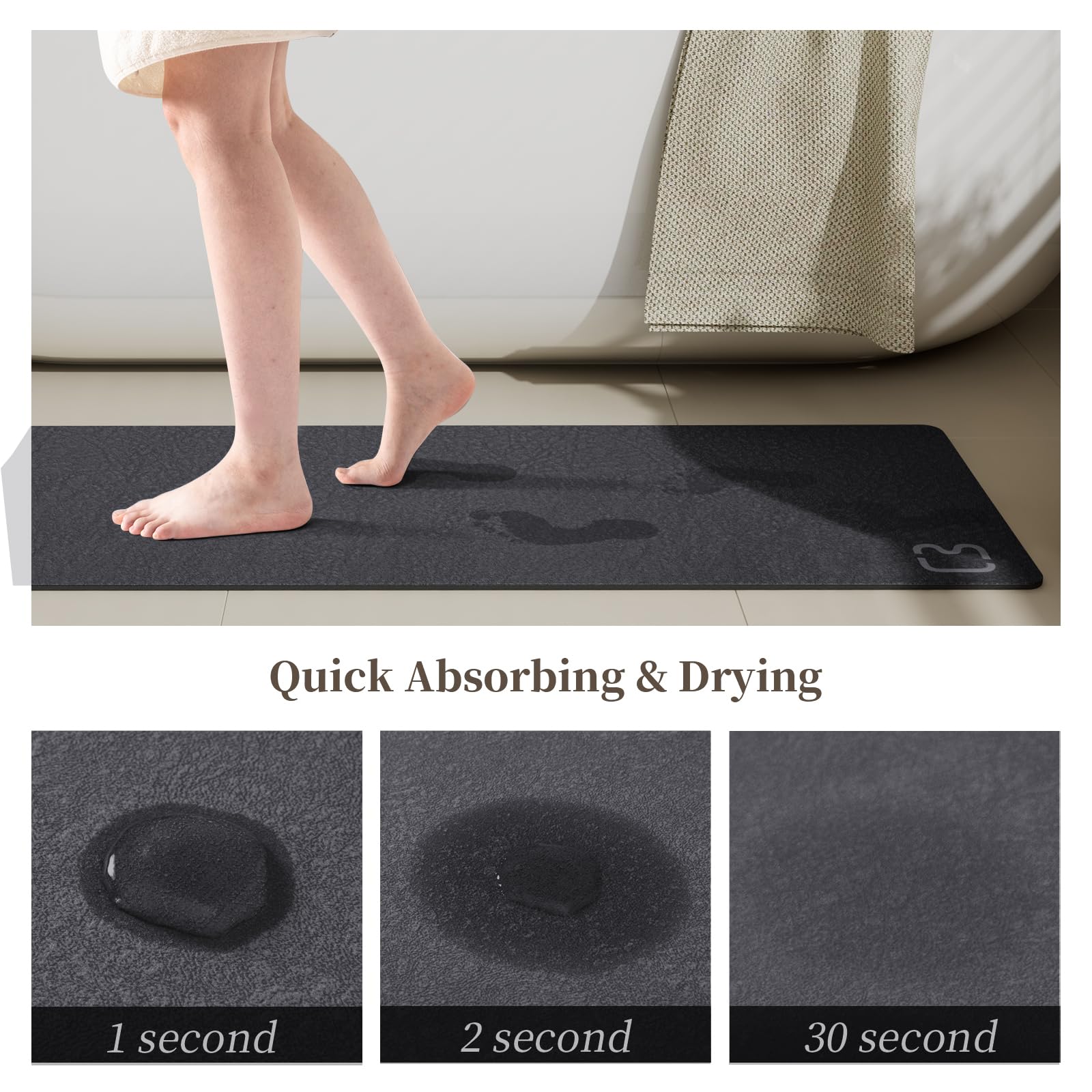RUERYA bath mat anti-slip rubber bottom stays put on wet floors.