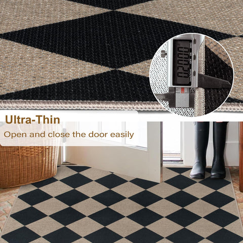 Rugalia Easy Jute Checkered Entryway Rug with non-slip TPE backing on floor