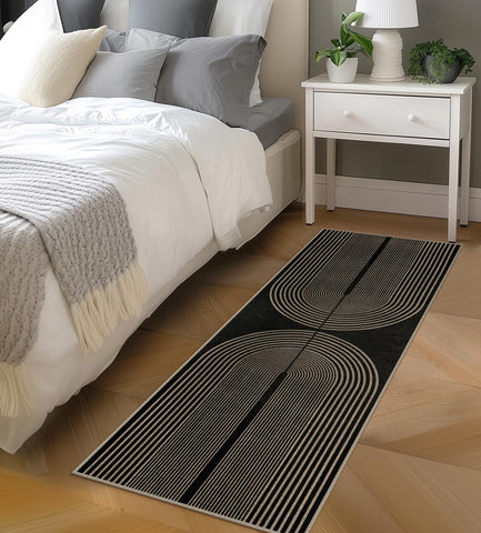 Rugalia Easy Jute Rainbow Runner dining area: low pile aids chair movement and reduces snagging.