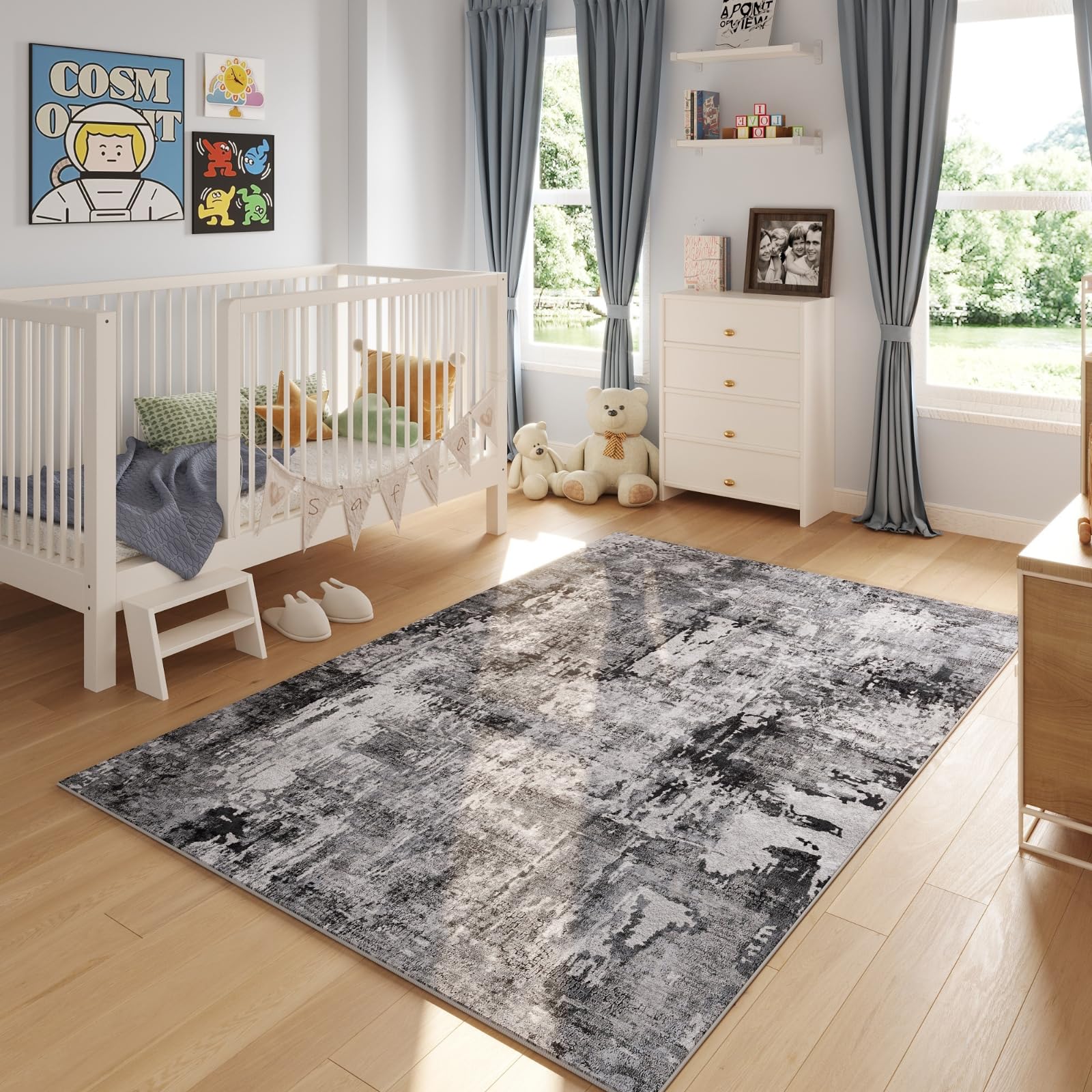 Rugcomf 8x10 machine-washable rug for easy cleanup.