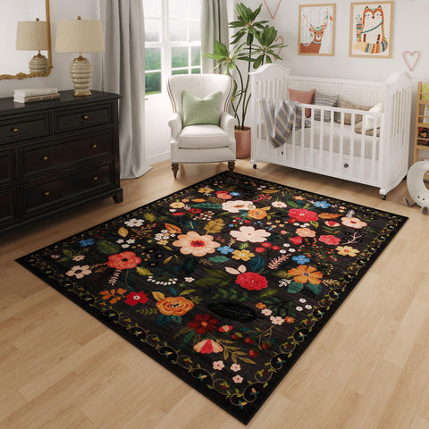 Rugcomf bedroom rug 3x5 in black offers washable convenience for bedrooms and living spaces.