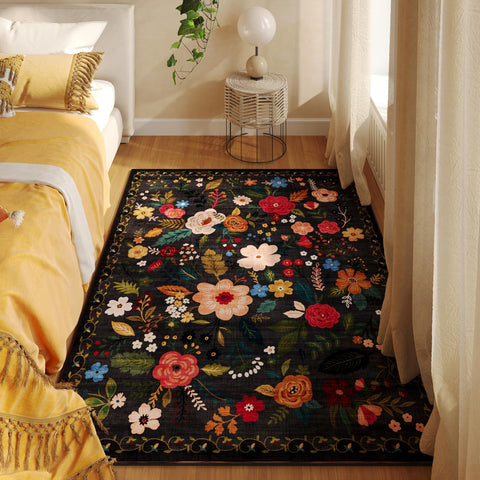Rugcomf boho floral design closeup in black highlights durable print that stays vibrant.