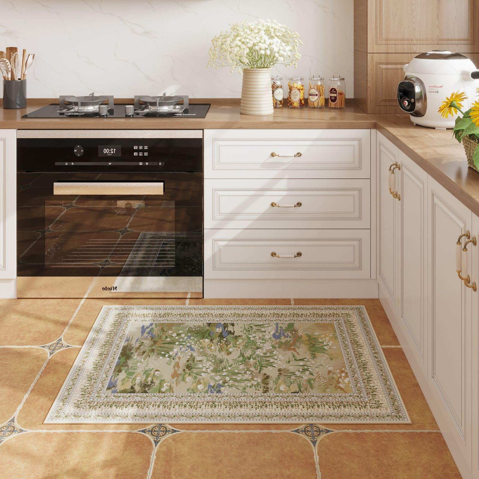 Rugcomf Circle Rug beige tone closeup showcases plush pile and brushstroke details.