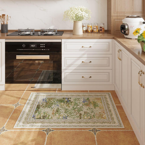Rugcomf Circle Rug beige tone closeup showcases plush pile and brushstroke details.