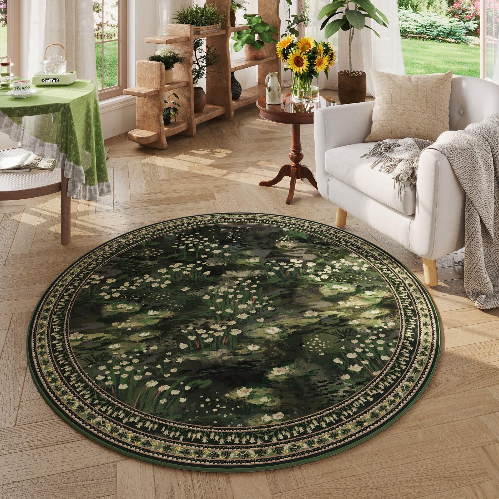 Rugcomf Circle Rug in impressionist green, top view showing round shape and cozy surface
