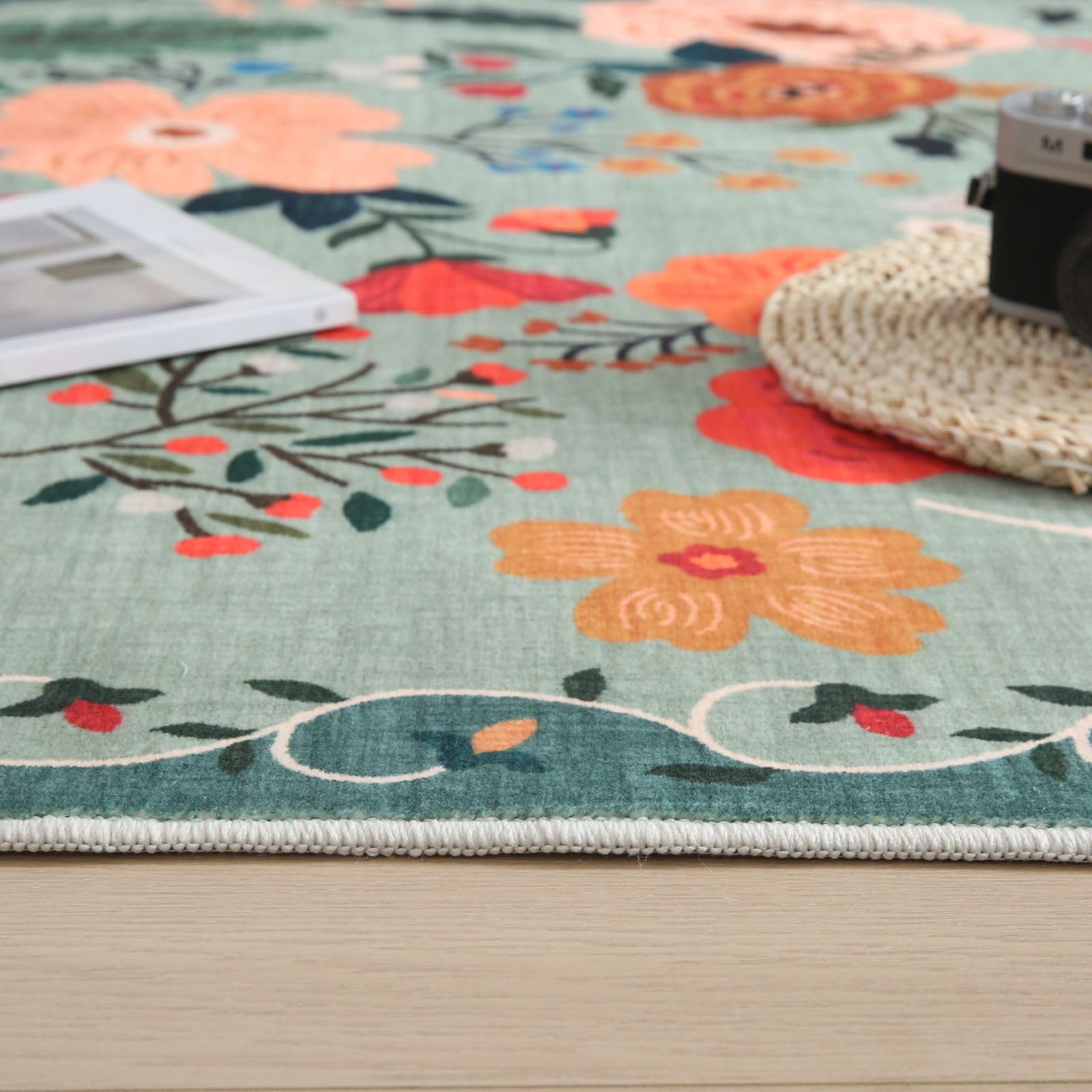 Rugcomf floral boho kitchen rug durable low-pile design for high-traffic areas.
