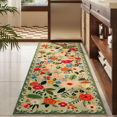 Rugcomf floral boho kitchen rug kid-pet friendly and stain-resistant.