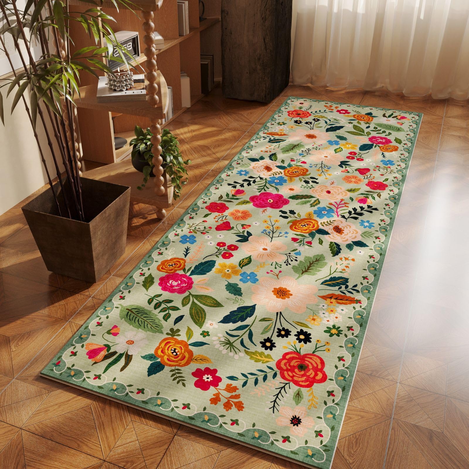 Rugcomf floral boho kitchen rug machine-wash friendly for easy cleanup.
