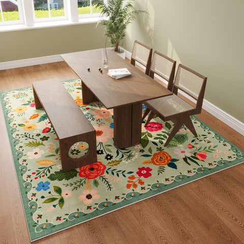 Rugcomf green boho rug complements décor with soft underfoot.