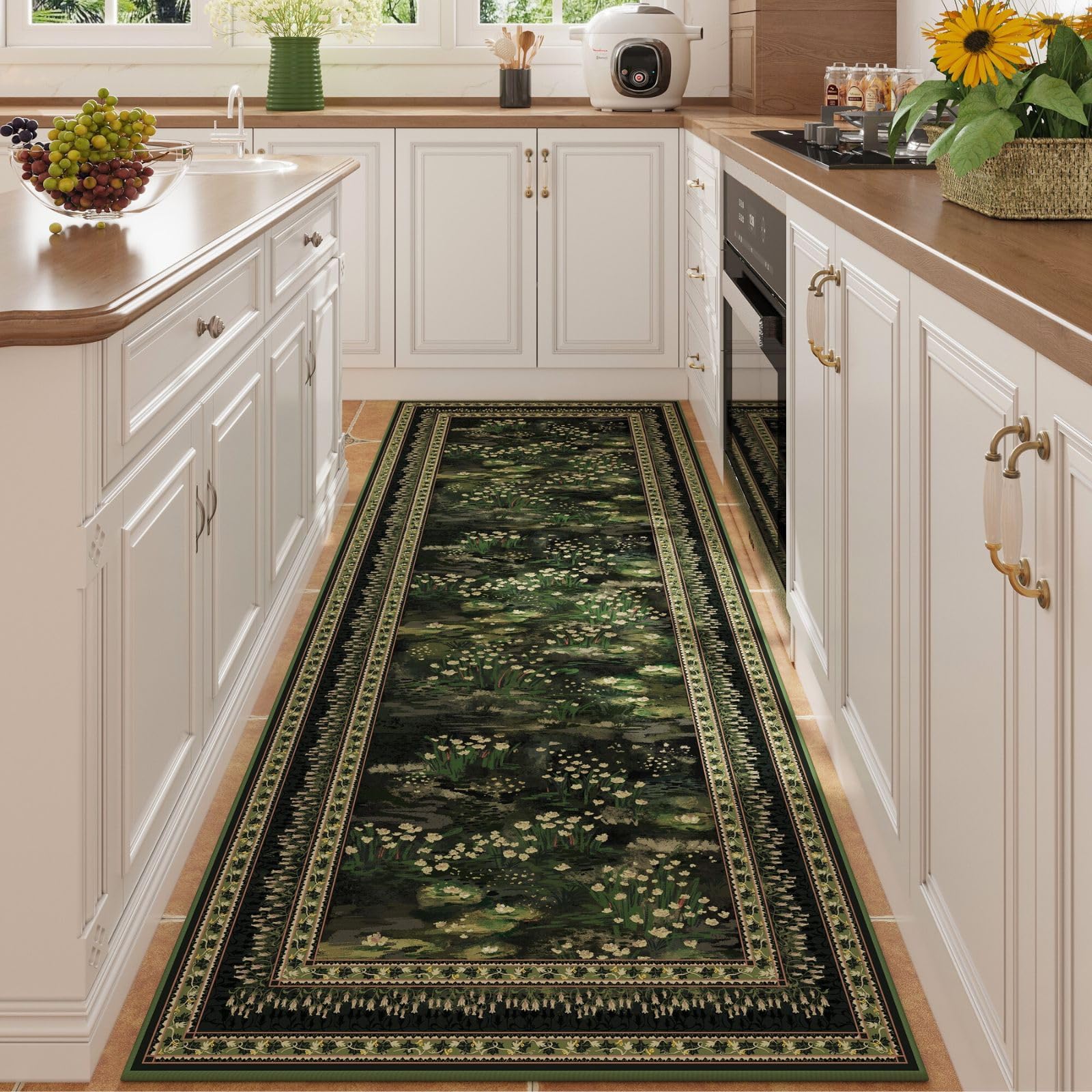 Rugcomf Impressionist Runner in green pattern adds soft color to a kitchen floor