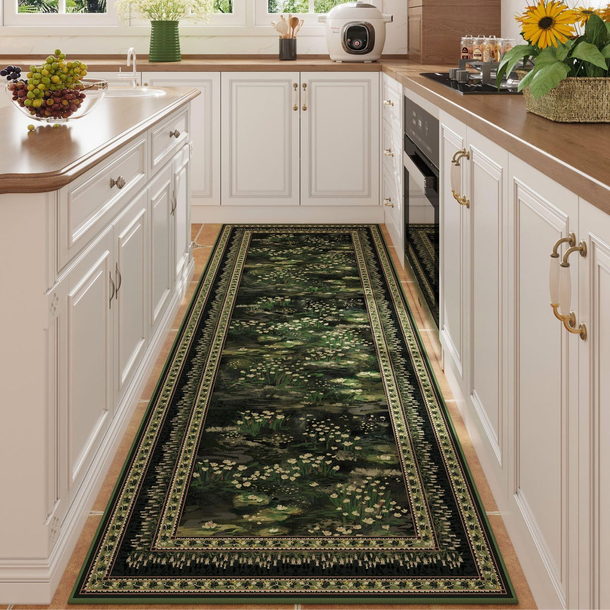 Rugcomf Impressionist Runner in green pattern adds soft color to a kitchen floor
