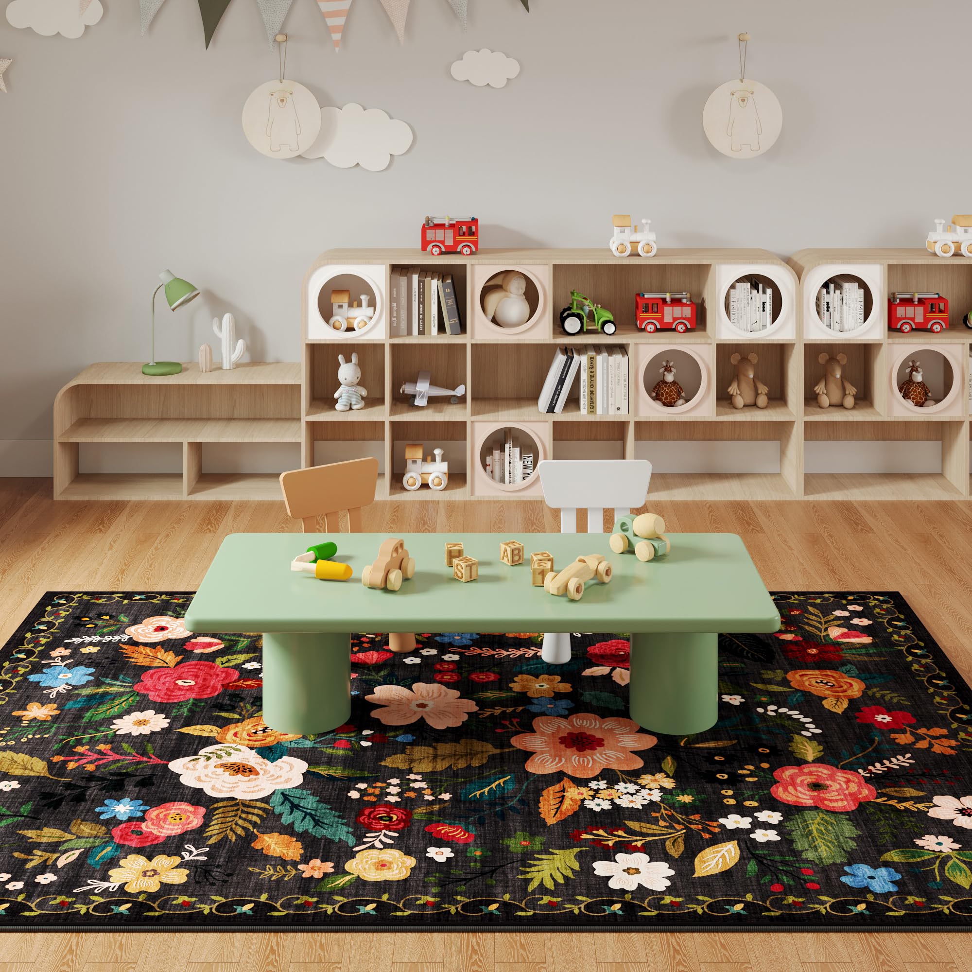 Rugcomf kids playroom rug withstands daily messes with durable fibers.