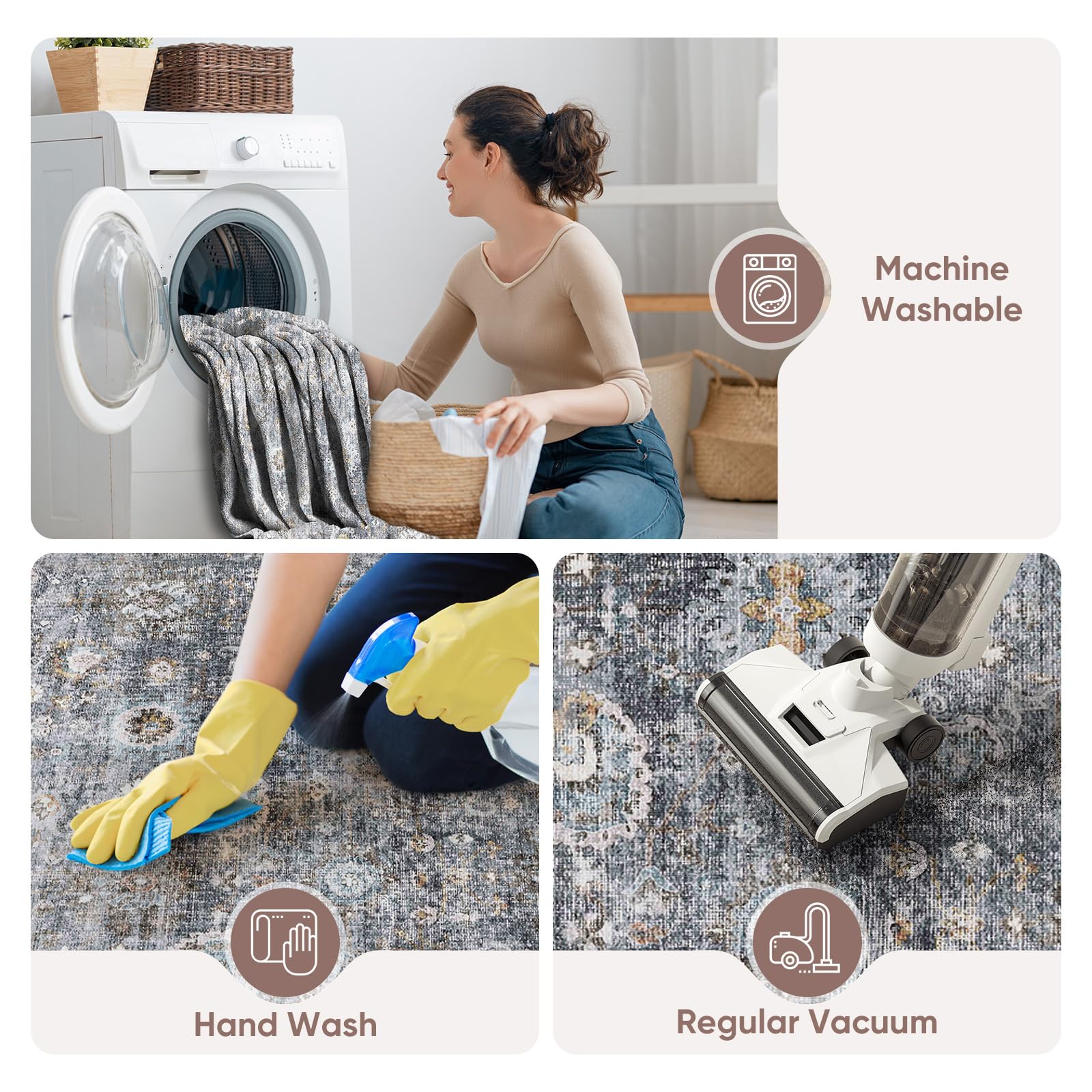 Rugcomf machine-washable rug simplifies spill cleanup.