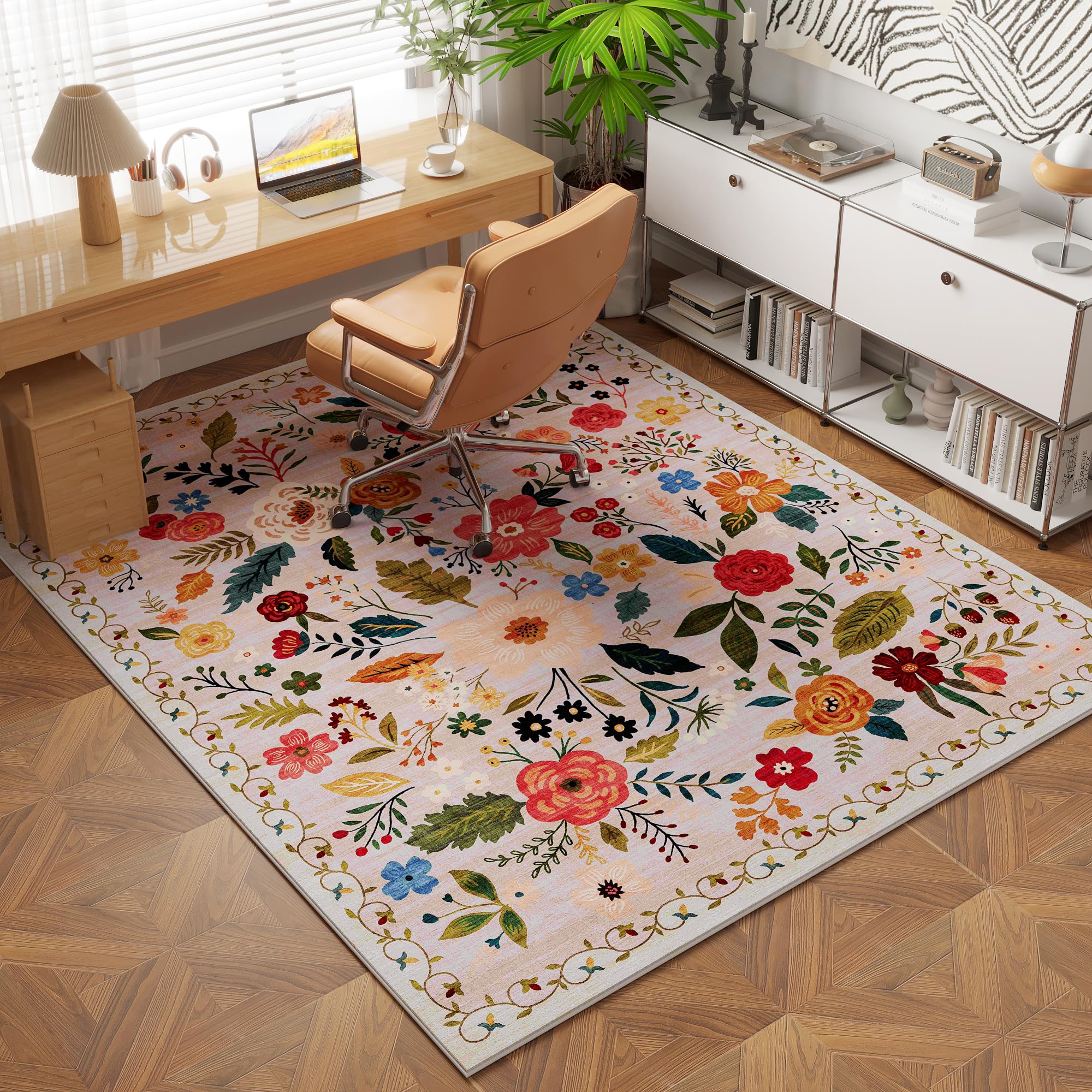 Rugcomf machine-woven boho pattern delivers durable, chic vibes for living spaces.