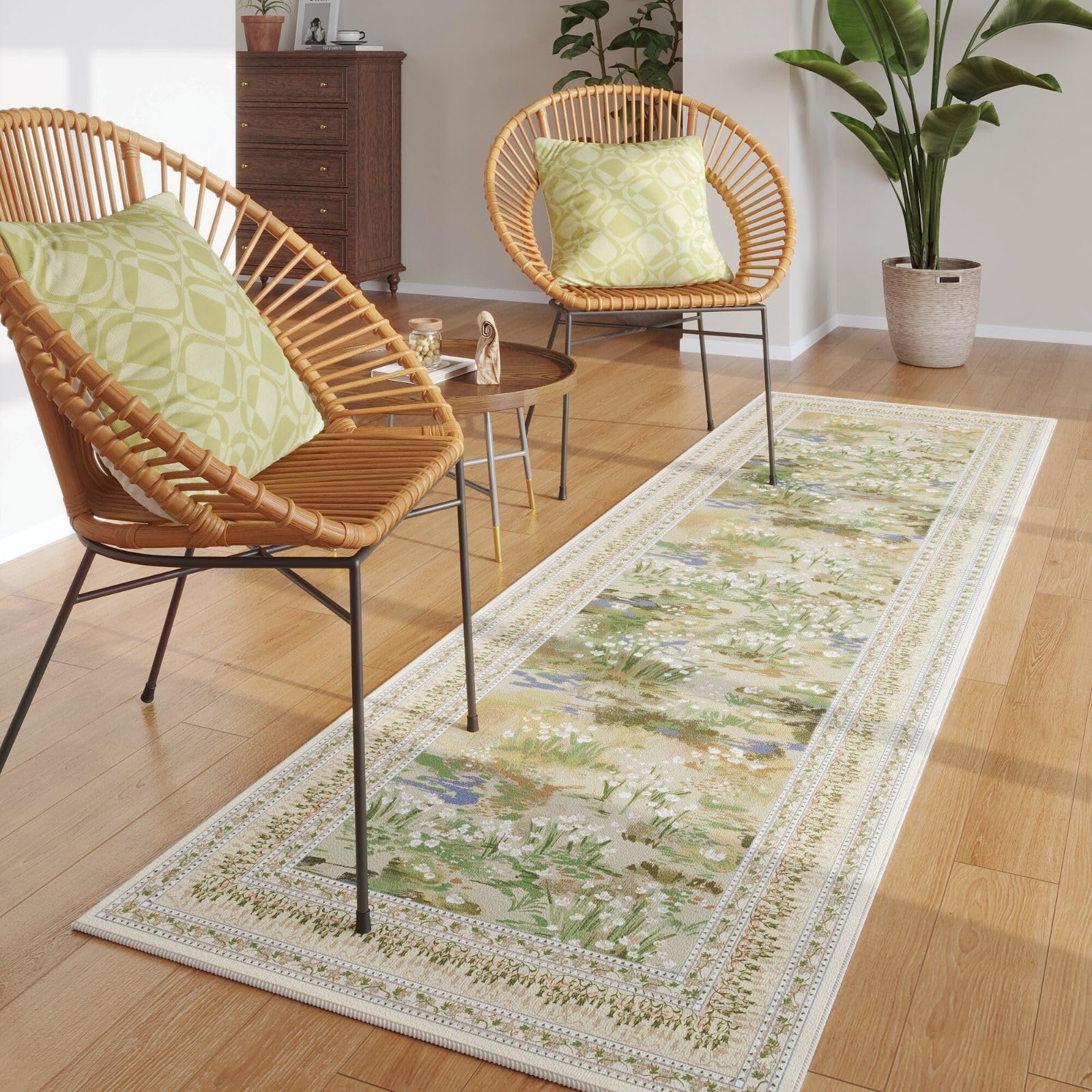 Rugcomf non-slip beige backing keeps the runner secure on tile or wood floors.