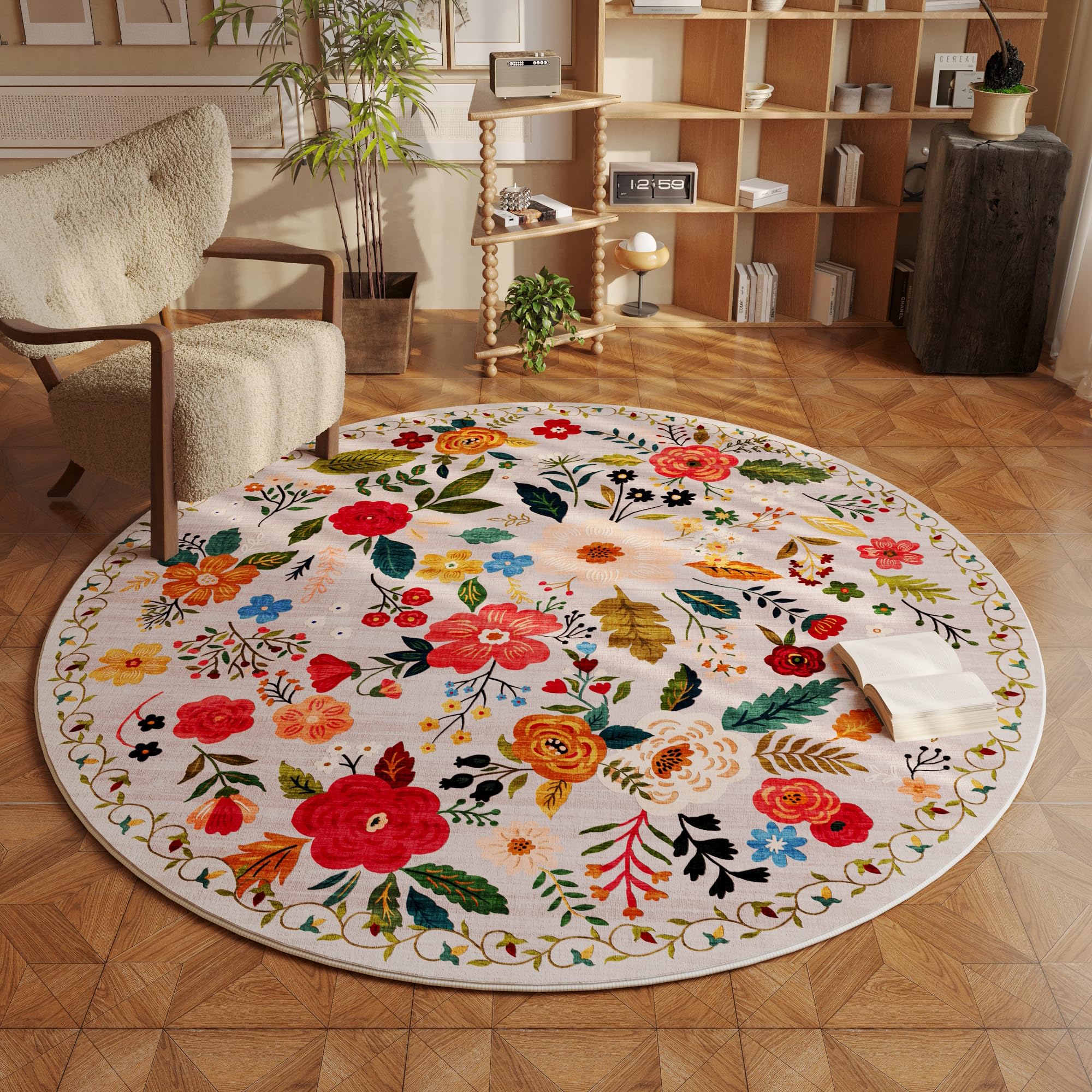Rugcomf round beige rug with boho pattern, soft underfoot for bedrooms.