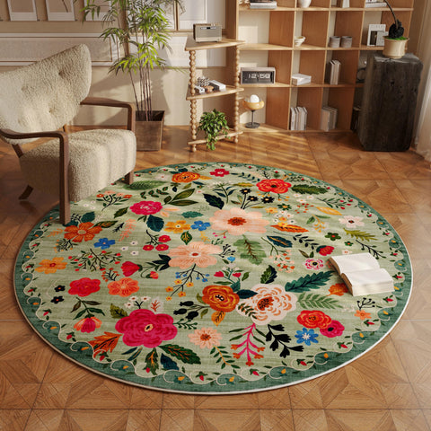 Rugcomf round rug 4ft green offers a soft, washable surface for high-traffic areas.