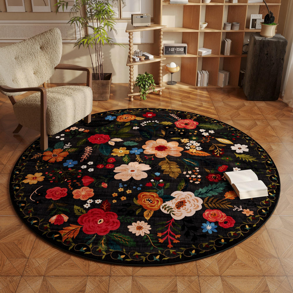Rugcomf round 6ft black rug in living room provides soft underfoot comfort