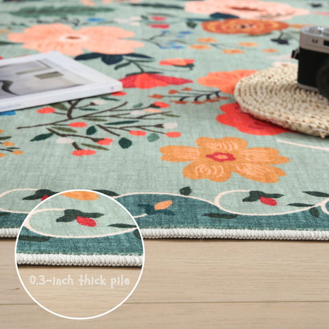 Rugcomf round rug 6ft green boho floral, pile closeup, soft underfoot.