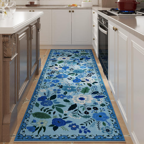 Rugcomf Rugrunner blue non-slip backing for safe hallways and entryways.
