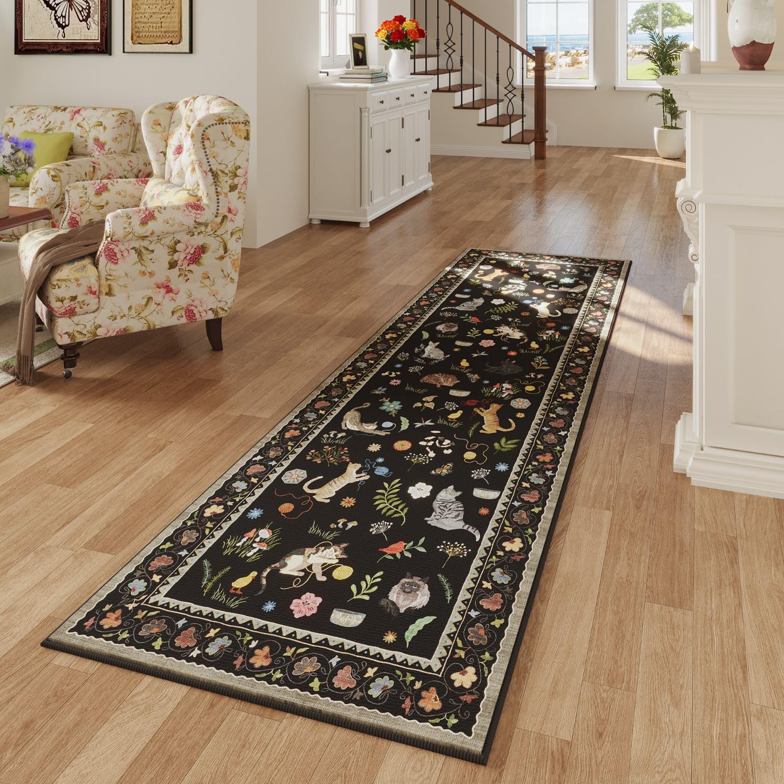 Rugcomf Runner with floral animal pattern brightens living areas and easy maintenance.