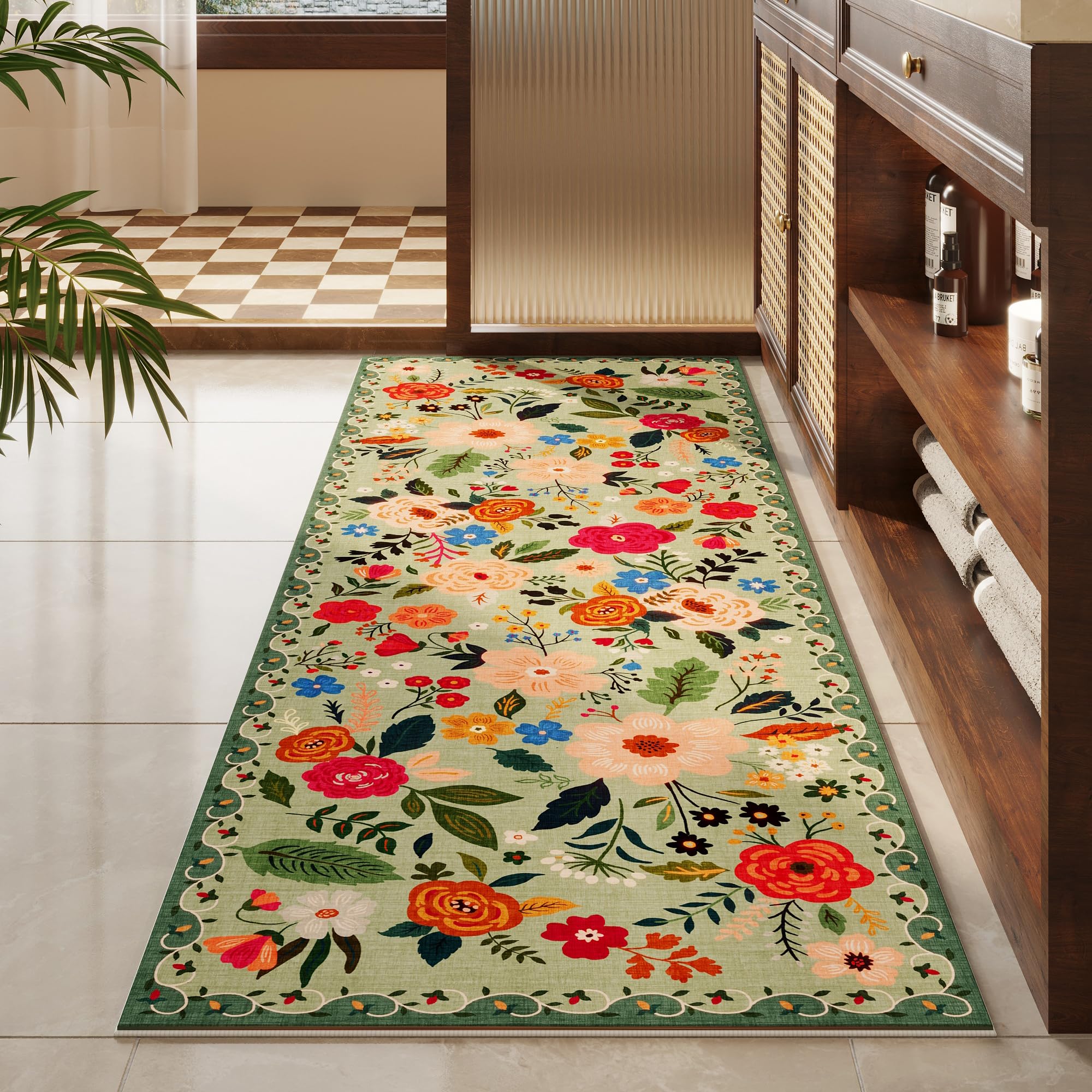 Rugcomf Runner Rug green 0-35-inch pile delivers soft comfort while staying durable.