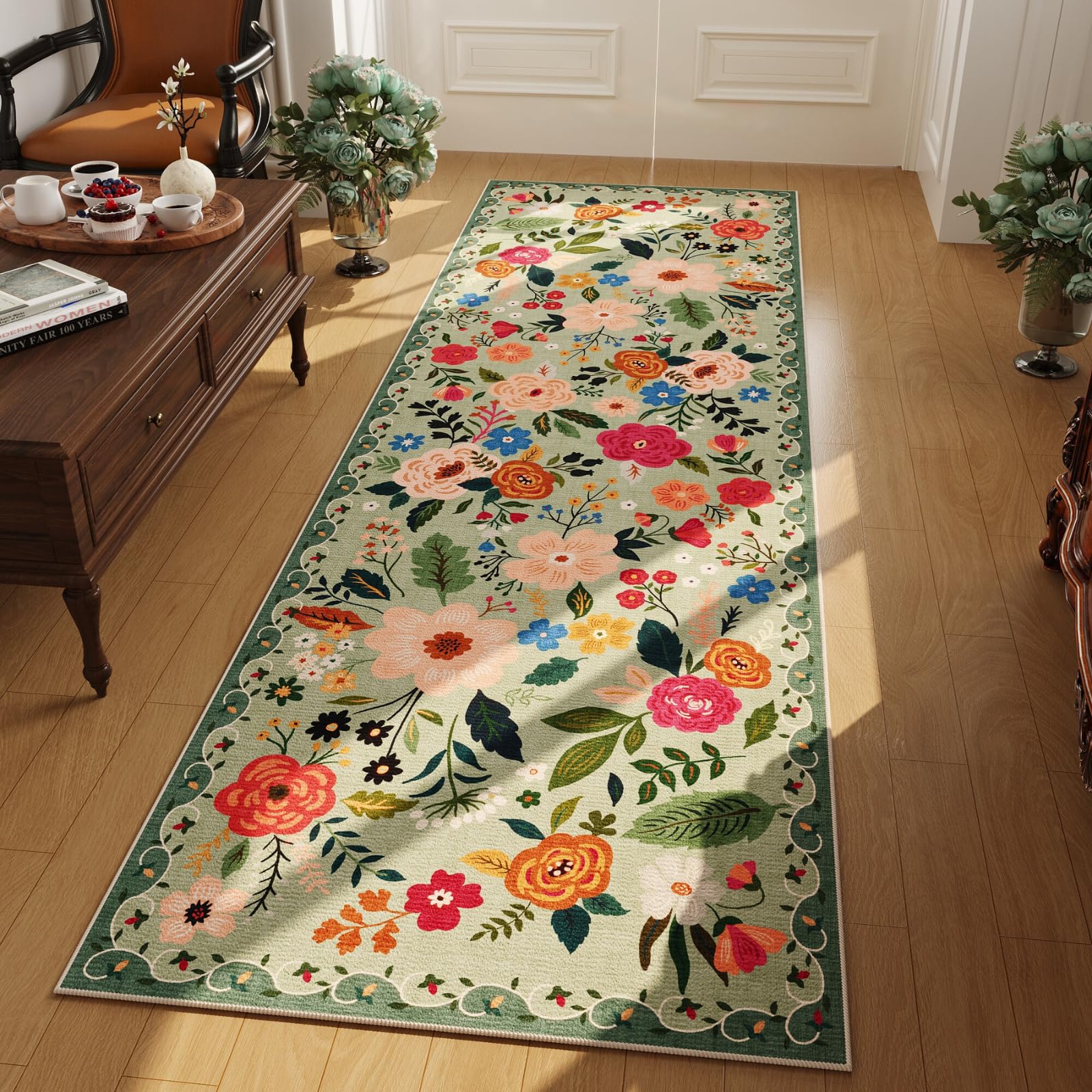 Rugcomf Runner Rug in green hallway design offers non-slip safety for busy corridors.