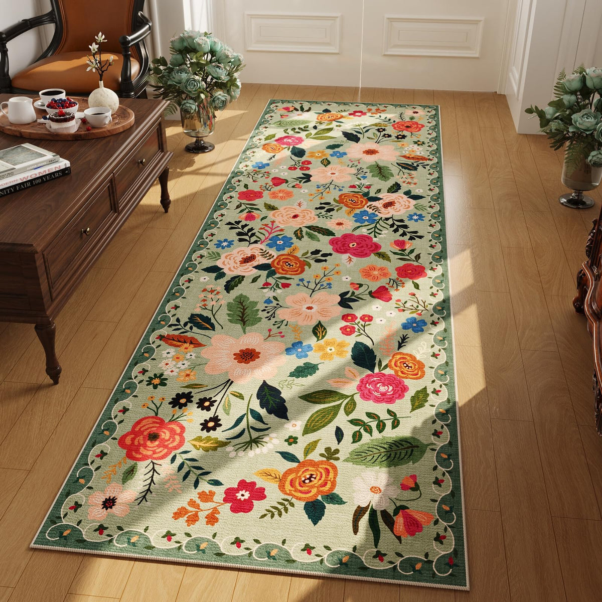 Rugcomf Runner Rug in green hallway design offers non-slip safety for busy corridors.