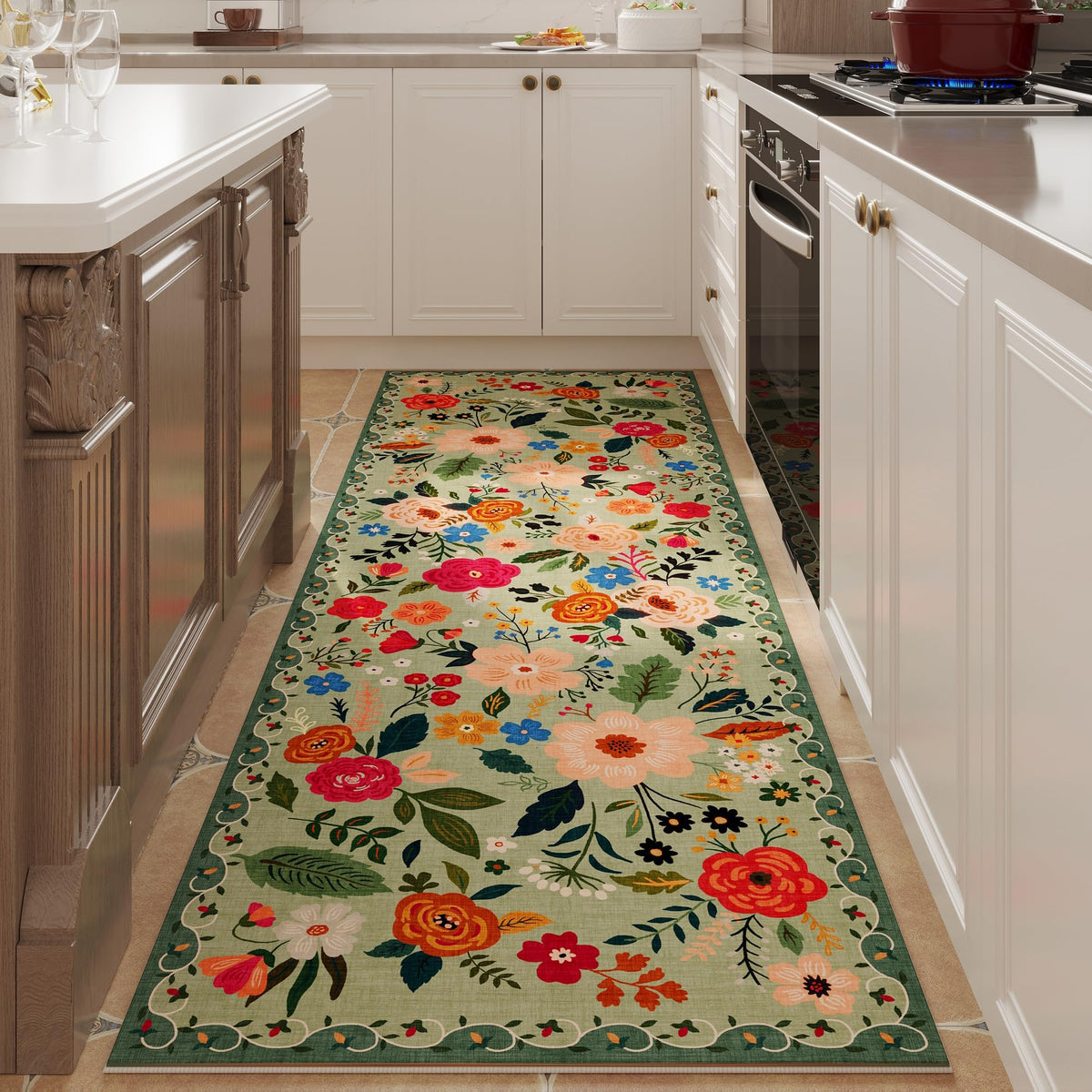 Rugcomf Runner Rug in green for hallways with non-slip backing helps keep it in place.