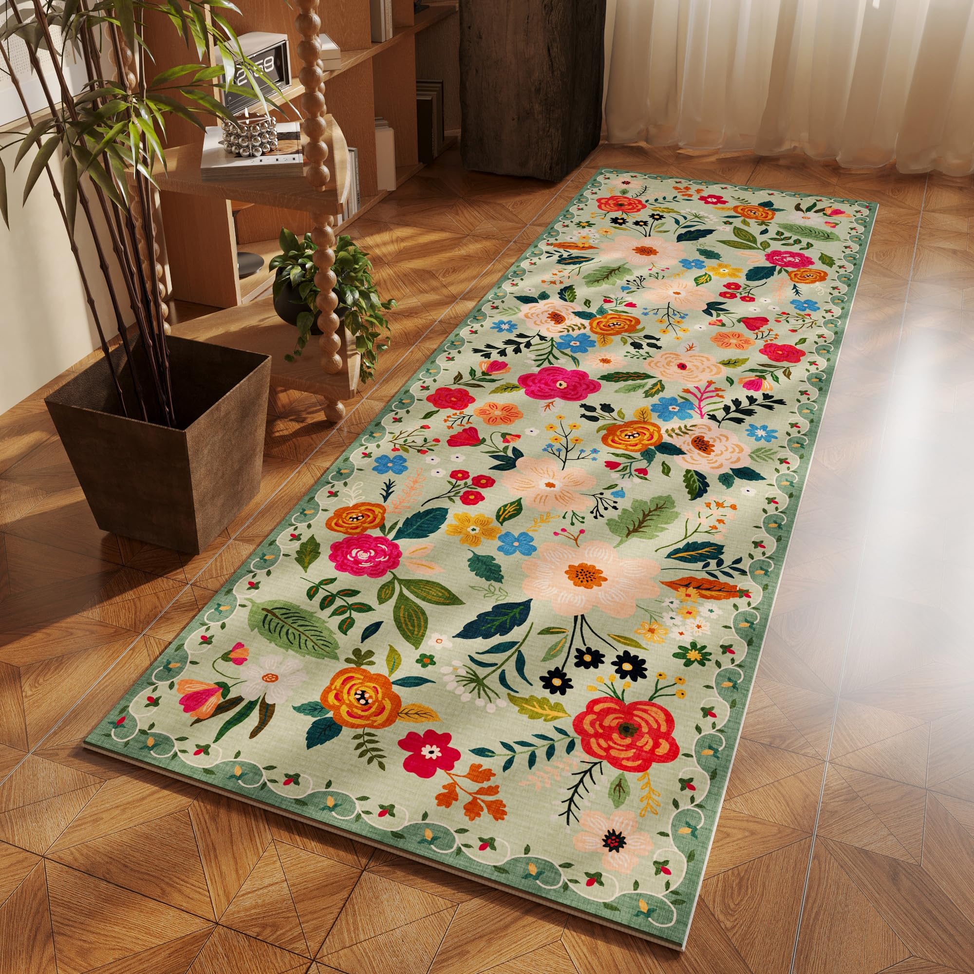 Rugcomf Runner Rug green pet-friendly family spaces resist wear from kids and pets.