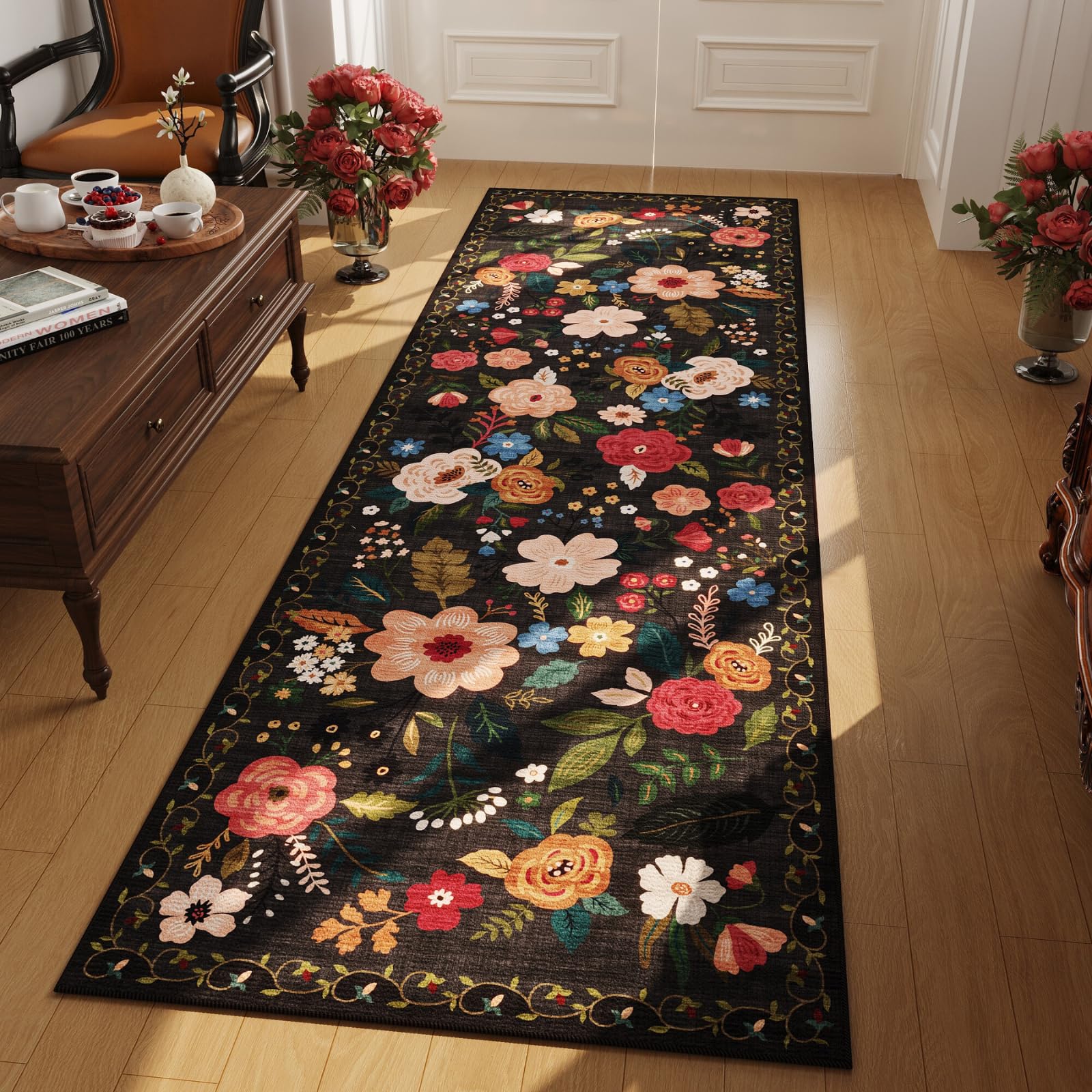 Rugcomf runner for hallway with soft floral design for everyday comfort