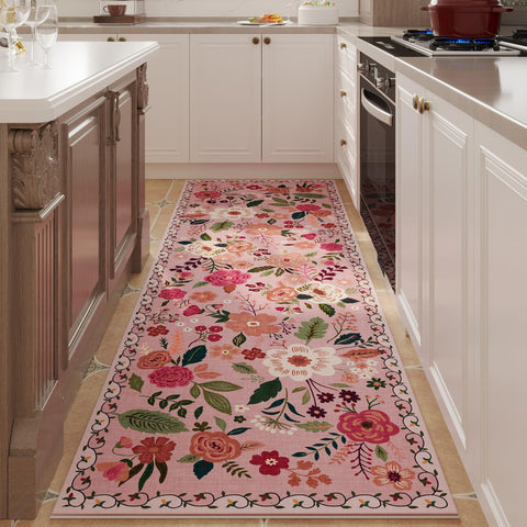 Rugcomf pink floral runner, soft texture for hallways.