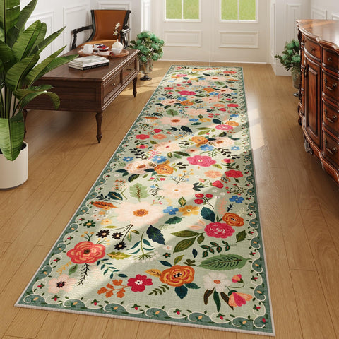 Rugcomf runner in green floral hallway with soft feel and non-slip grip.